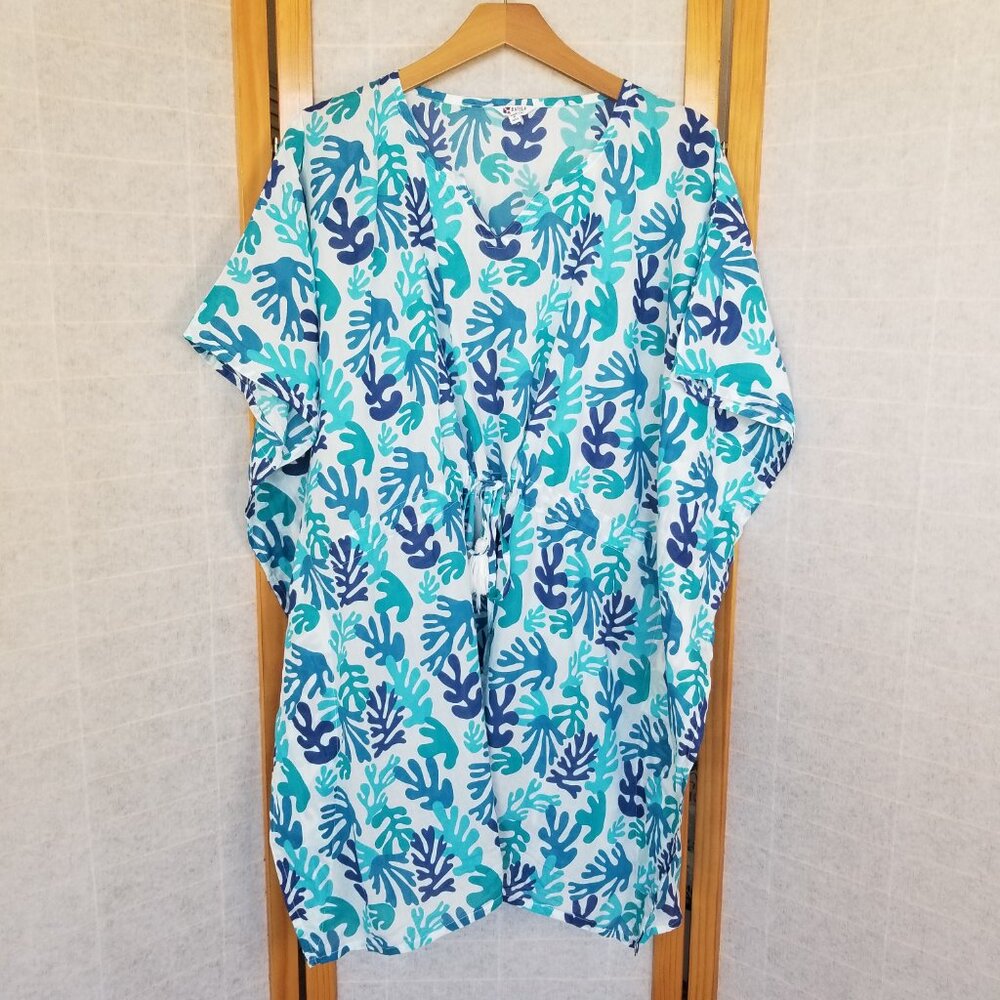 Batela Swim Cover-Up Dress Blue Coral Print Waist Tie One Size Sea Style